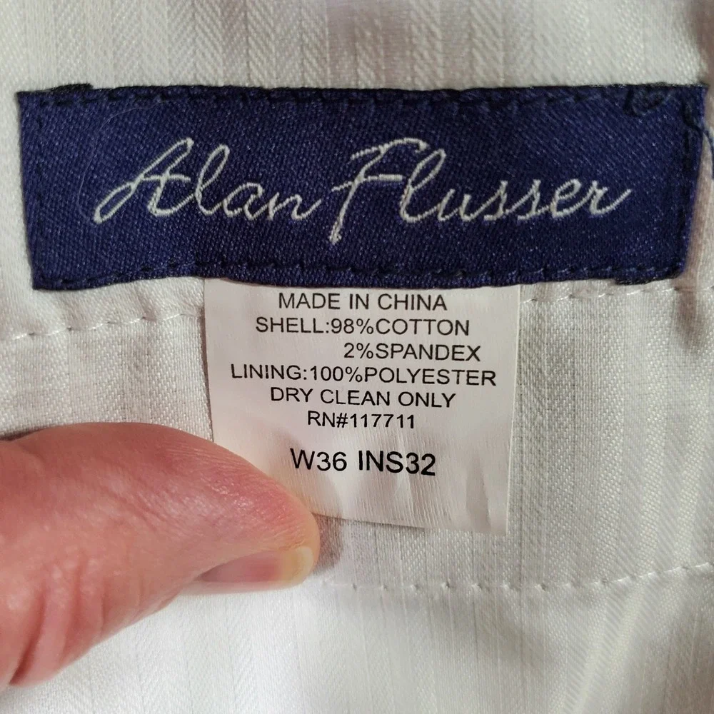 Alan Flusser Pants Mens 36x32 Ivory Pinstripe Cotton Twill Stretch Preppy Office
